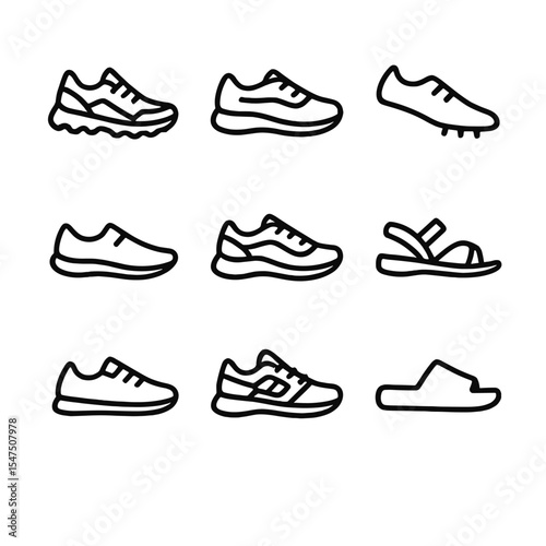 Running Shoe Icons. Outline icon set of running footwear: trail shoe, road shoe, track spike, minimalist shoe, stability shoe,