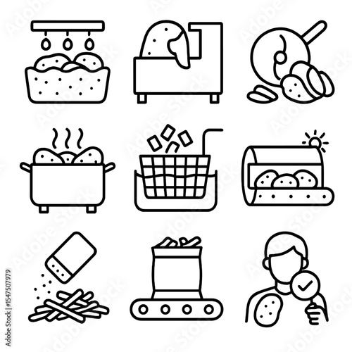 Potato Processing Icons. Outline icon set of potato processing steps: washing station, peeling machine, slicing blade, blanching
