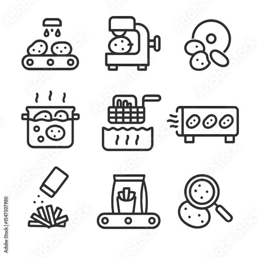 Potato Processing Icons. Outline icon set of potato processing steps: washing station, peeling machine, slicing blade, blanching