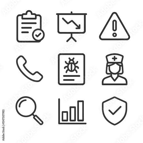 Safety Icons Collection. Outline icon set of safety monitoring and reporting: clipboard report, side-effect chart, alert triangle,