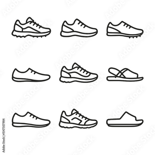 Running Shoe Icons. Outline icon set of running footwear: trail shoe, road shoe, track spike, minimalist shoe, stability shoe,