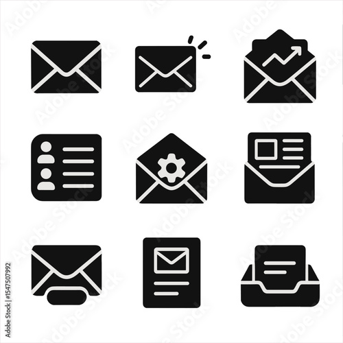 Email Campaign Icons. Solid, filled icons set of email marketing campaigns and newsletters: envelope icon,