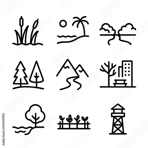 Prime Viewing Icons. Outline icon set of prime watching locations: wetland reserve, coastal beach, riverbank vantage, forest