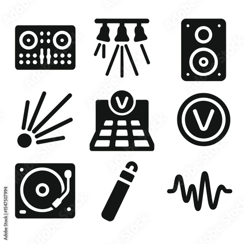 Electro Rave Icons Grid. Solid, filled icons set of electronic music festival: DJ controller, rave lights,