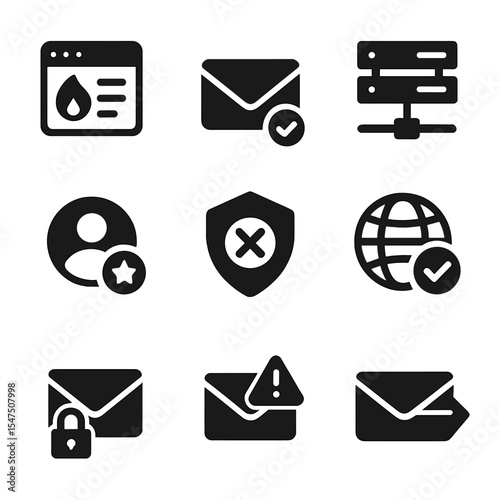 Email Factors Icons. Solid, filled icons set of email deliverability factors: spam score, inbox placement,