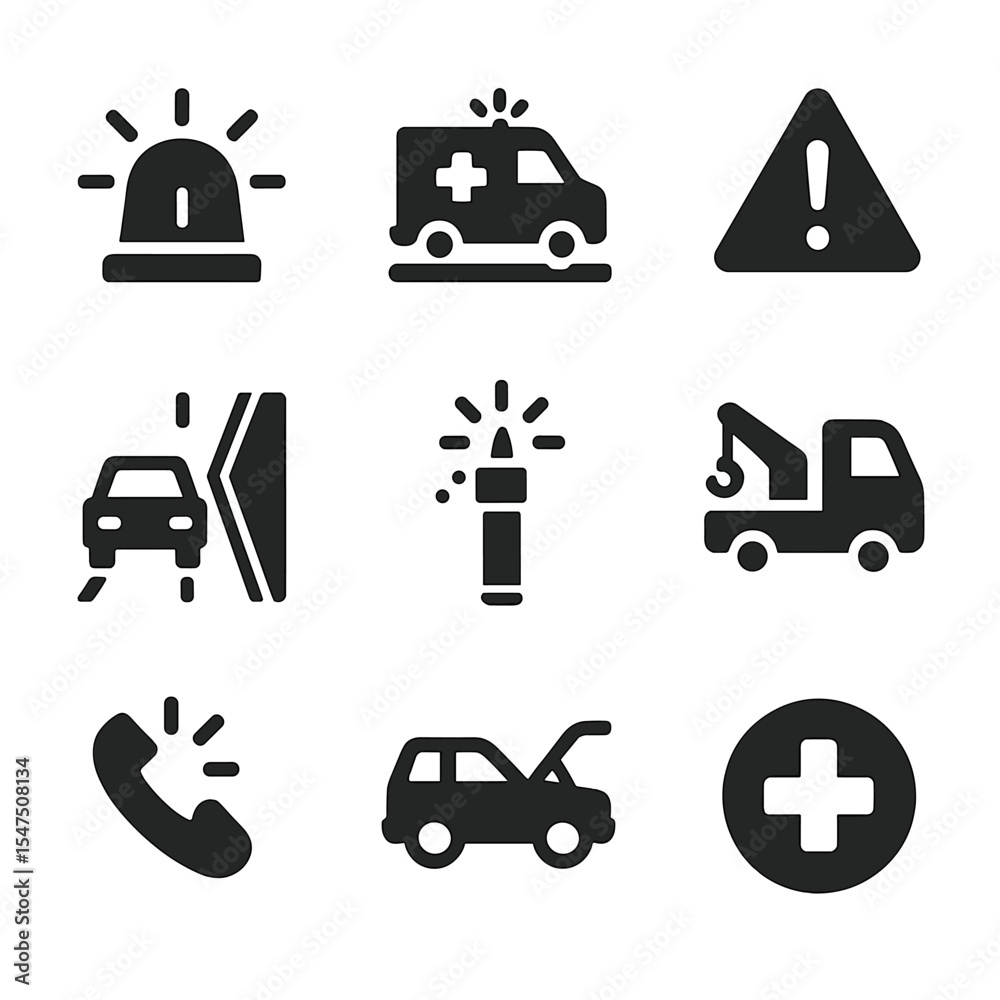 Emergency Scenarios Icons. Solid, filled icons set of emergency driving scenarios: siren icon, ambulance on