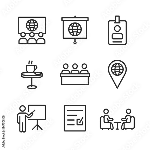 Conference Events Icons. Outline icon set of global conference events: conference hall, projector screen, attendee badge, coffee