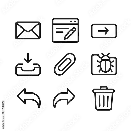 Senior Email Icons. Outline icon set of email usage for seniors: envelope icon, compose window, send button, inbox tray,