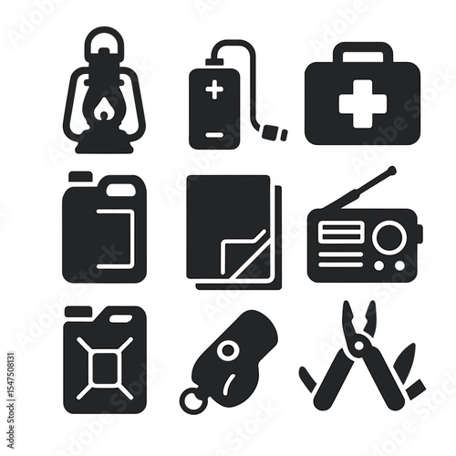 Emergency Winter Supplies Icons. Solid, filled icons set of emergency winter supplies: lantern, battery pack,