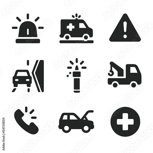Emergency Scenarios Icons. Solid, filled icons set of emergency driving scenarios: siren icon, ambulance on