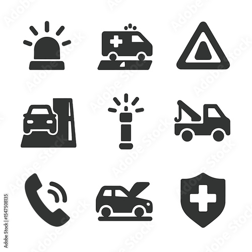 Emergency Scenarios Icons. Solid, filled icons set of emergency driving scenarios: siren icon, ambulance on