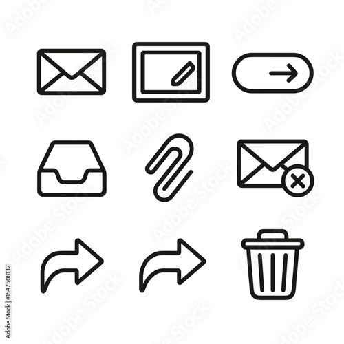 Senior Email Icons. Outline icon set of email usage for seniors: envelope icon, compose window, send button, inbox tray,