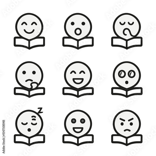 Reading Emotions Icons. Outline icon set of reading emotions and reactions: smiling face, surprised face, yawning face, thoughtful