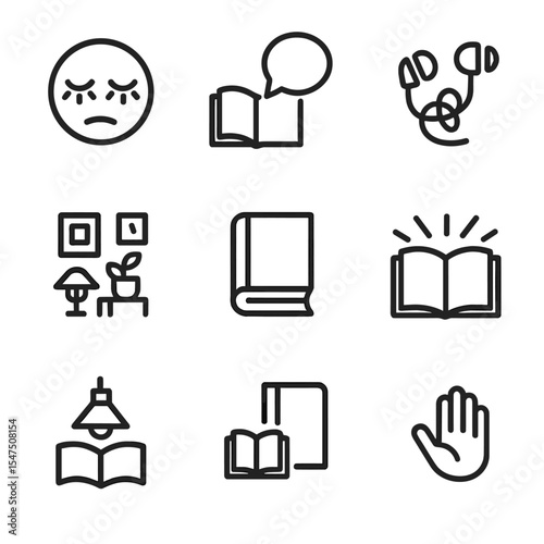 Reading Challenges Icons. Outline icon set of reading obstacles and solutions: tired eyes, distraction bubble, tangled headphone