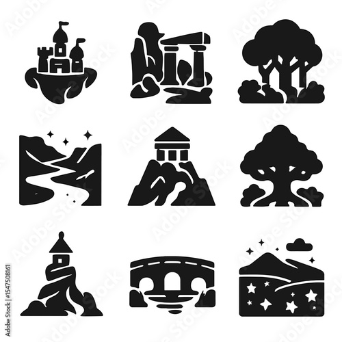 Enchanted Landscape Icons. Solid, filled icons set of enchanted landscapes below: floating castle, ancient