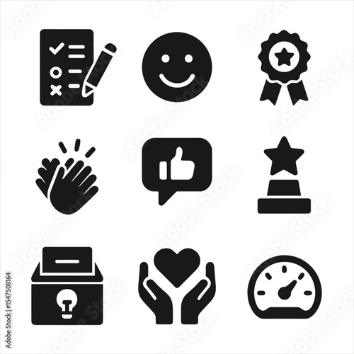 Employee Engagement Icons. Solid, filled icons set of employee engagement: feedback form, emoji face,