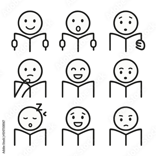 Reading Emotions Icons. Outline icon set of reading emotions and reactions: smiling face, surprised face, yawning face, thoughtful