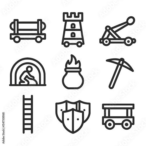 Siege Warfare Icons. Outline icon set of siege warfare tactics: battering ram, siege tower, catapult, sappers tunnel, incendiary