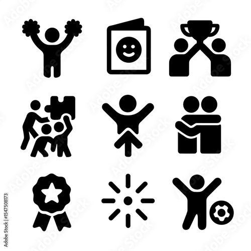 Encouragement Icons Grid. Solid, filled icons set of mutual encouragement and support: cheer icon,