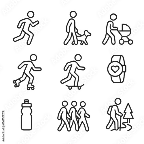 Recreational Activity Icons. Outline icon set of recreational pedestrian activities: jogging runner, walking dog, stroller push,