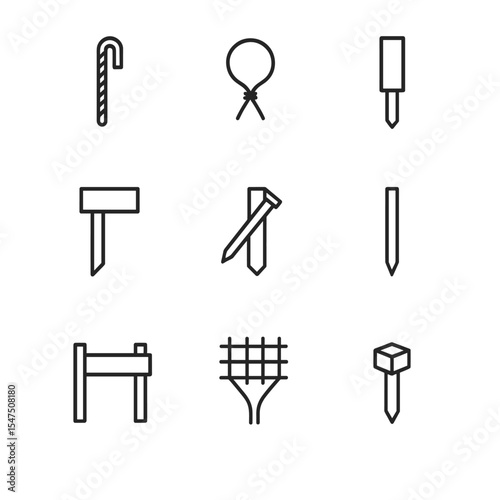 Rebar Stake Icon Set. Outline icon set of rebar and construction stakes: rebar stake pin, tie wire wrap, form board stake,