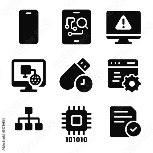 Endpoint Forensics Icons. Solid, filled icons set of endpoint forensics: mobile phone icon, tablet scan,