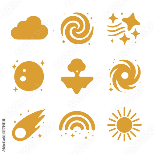 Enchanted Skies Icons. Solid, filled icons set of enchanted skies: golden cloud, twilight swirl, starlit