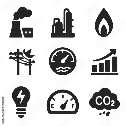 Energy Icons Grid. Solid, filled icons set of energy and emissions: coal power plant, oil refinery, gas flame,