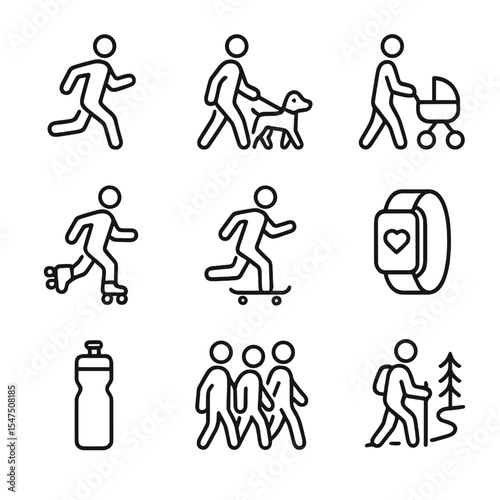 Recreational Activity Icons. Outline icon set of recreational pedestrian activities: jogging runner, walking dog, stroller push,