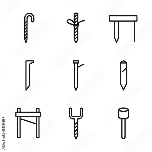 Rebar Stake Icon Set. Outline icon set of rebar and construction stakes: rebar stake pin, tie wire wrap, form board stake,