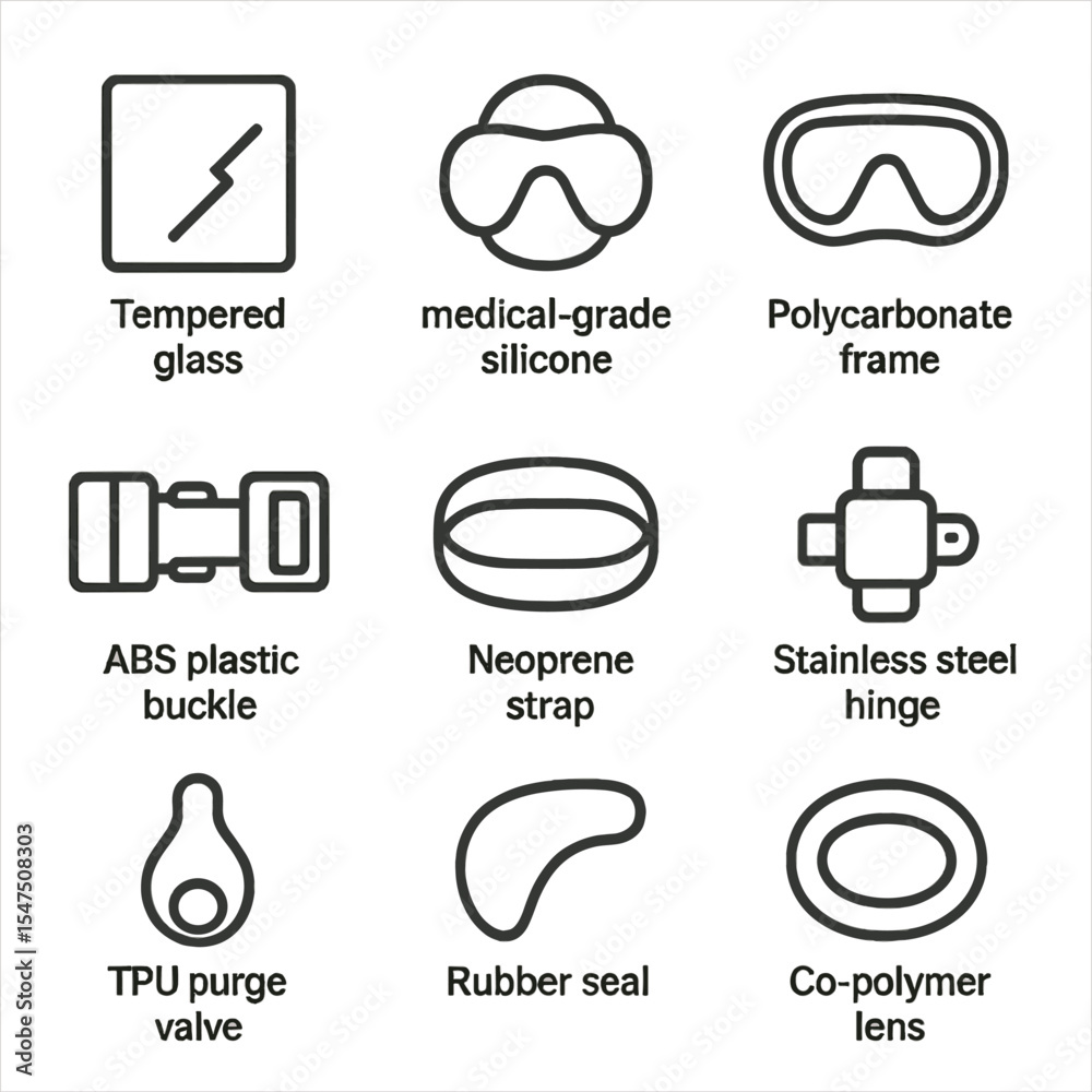 Snorkeling Gear Icons. Outline icon set of snorkeling mask materials: tempered glass, medical-grade silicone, polycarbonate frame,