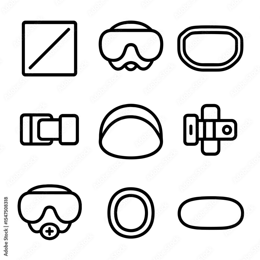 Snorkeling Gear Icons. Outline icon set of snorkeling mask materials: tempered glass, medical-grade silicone, polycarbonate frame,