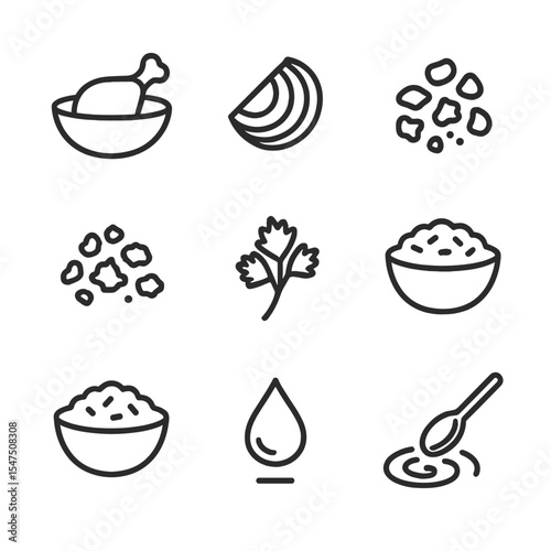 Cooking Prep Icons. Outline icon set of preparation steps: chicken marinating bowl, sliced onion, minced garlic, grated ginger,