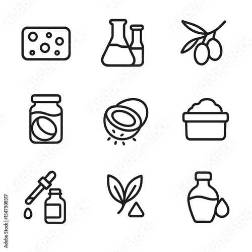 Soap Ingredient Icons. Outline icon set of soap ingredients: glycerin, lye, olive oil, coconut oil, shea butter, essential oil,