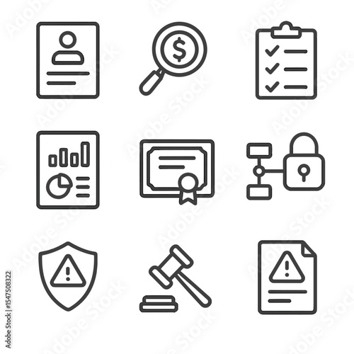 Regulatory Icons Set. Outline icon set of regulatory and compliance elements: KYC form, AML magnifier, compliance checklist, audit