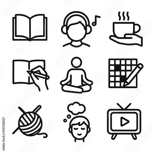 Relaxation Icons Set. Outline icon set of relaxation activities: reading book, listening to music, sipping tea, journaling,