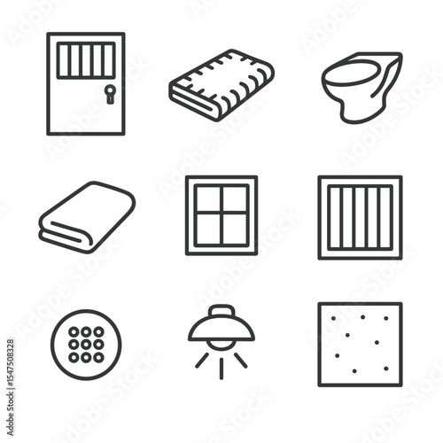 Solitary Confinement Icons. Outline line icons set of solitary confinement cell: cell door, straw mattress, stainless steel toilet