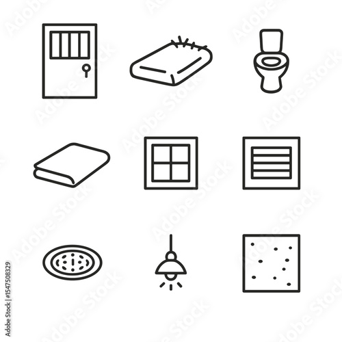 Solitary Confinement Icons. Outline line icons set of solitary confinement cell: cell door, straw mattress, stainless steel toilet