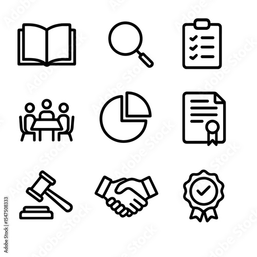 Corporate Governance Icons. Outline icon set of transparent corporate governance: open book, magnifying glass, checklist audit,