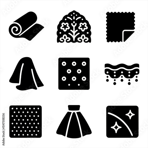 Evening Wear Textures Icons. Solid, filled icons set of evening wear fabrics and textures: satin roll, lace