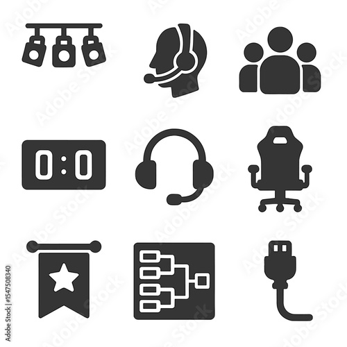 Esports Event Icons. Solid, filled icons set of esports events: stage lights, shoutcaster mic, audience crowd,