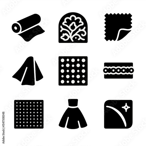 Evening Wear Textures Icons. Solid, filled icons set of evening wear fabrics and textures: satin roll, lace