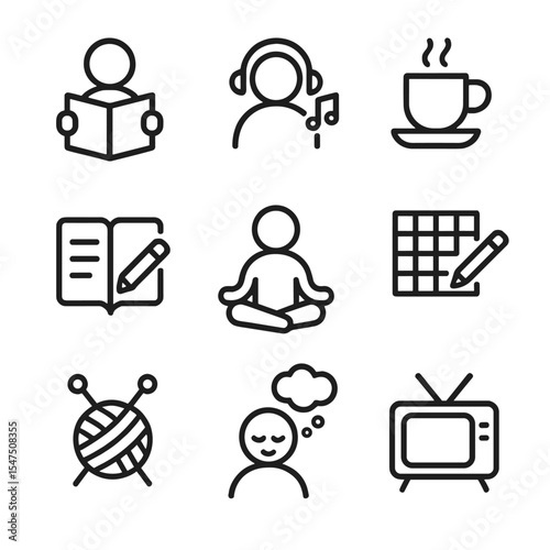 Relaxation Icons Set. Outline icon set of relaxation activities: reading book, listening to music, sipping tea, journaling,
