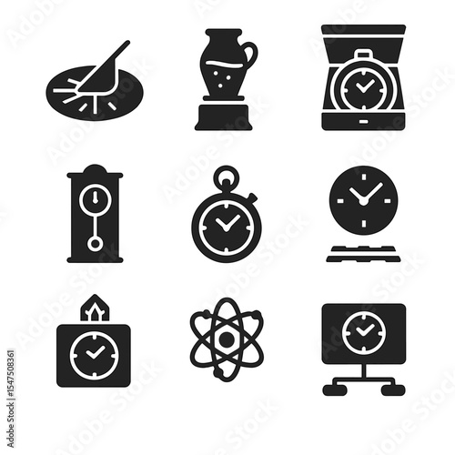 Evolution of Timekeeping Icons. Solid, filled icons set of historical evolution of accurate timekeeping: