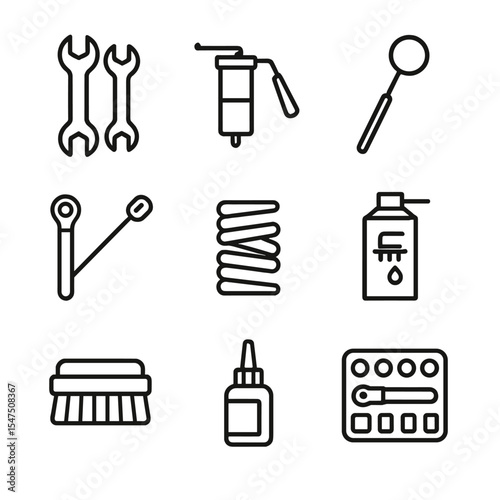 Spring Rider Tool Icons. Outline icon set of spring rider maintenance tools: wrench set, grease gun, inspection mirror, torque