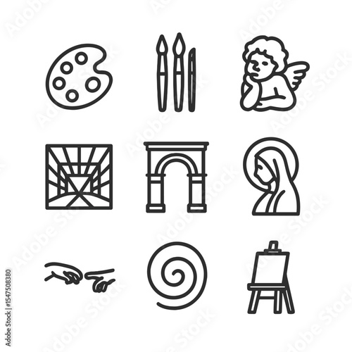 Renaissance Icon Set. Outline icon set of Renaissance masterpiece paintings: oil palette, brush set, cherub figure, perspective
