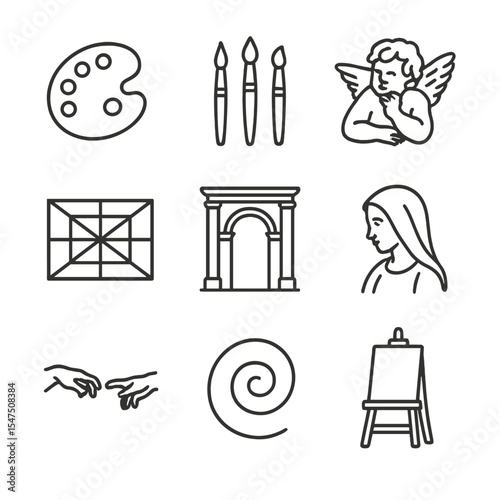 Renaissance Icon Set. Outline icon set of Renaissance masterpiece paintings: oil palette, brush set, cherub figure, perspective