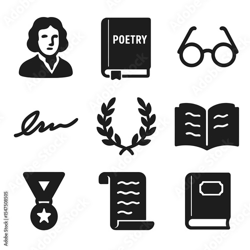 Famous Poets Icon Grid. Solid, filled icons set of famous poets and books: portrait bust, poetry anthology,