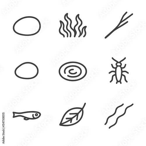 Riverbed Ecosystem Icons. Outline icon set of clear riverbed ecosystem: smooth pebble, algae patch, stick, small stone, water