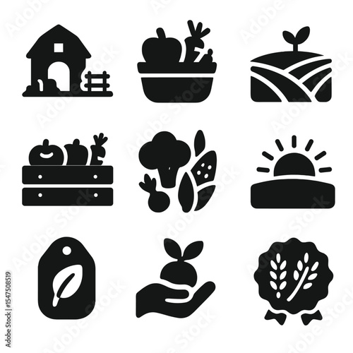 Farm-to-Table Icons Set. Solid, filled icons set of farm-to-table labeling: farm icon, fresh produce basket,